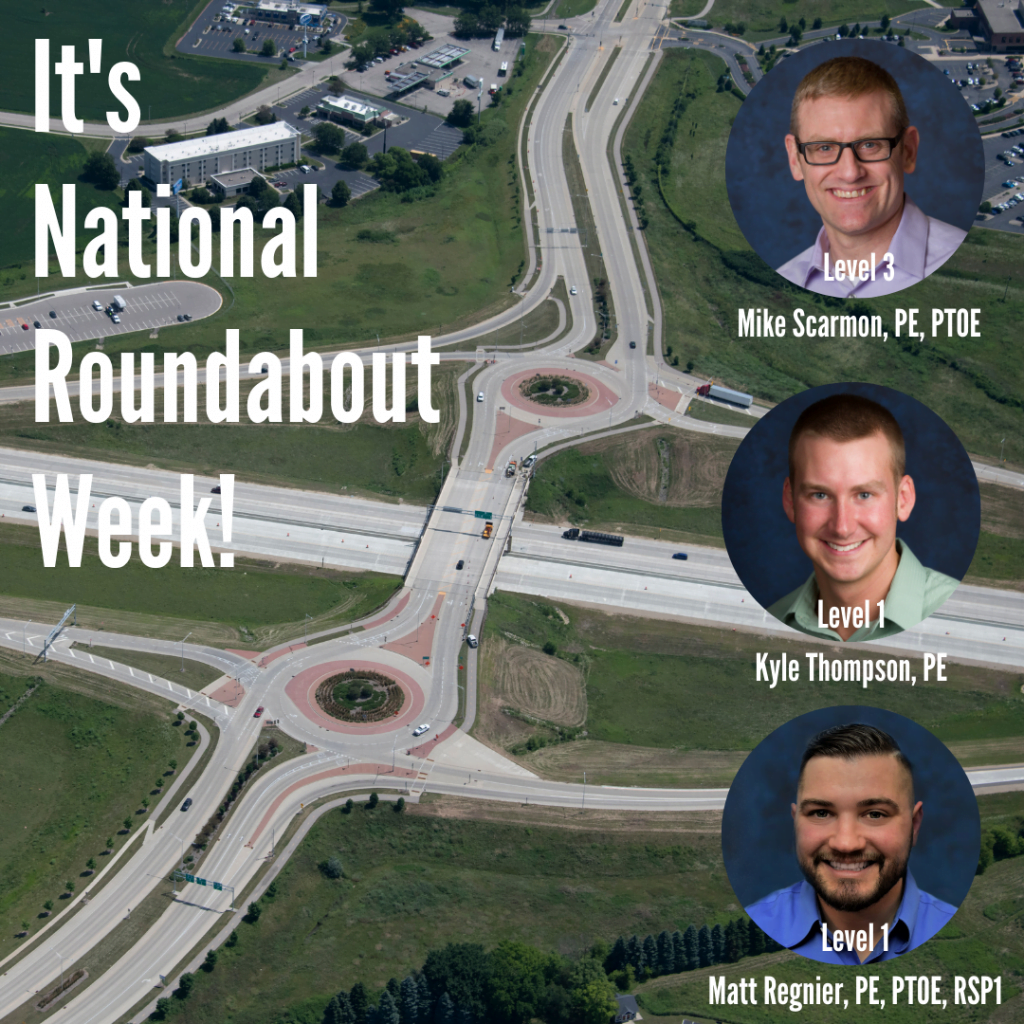 Aerial photo of two roundabouts at IH 39/90 interchanges, with photos of Mike, Kyle and Matt, KL's three roundabout designers.