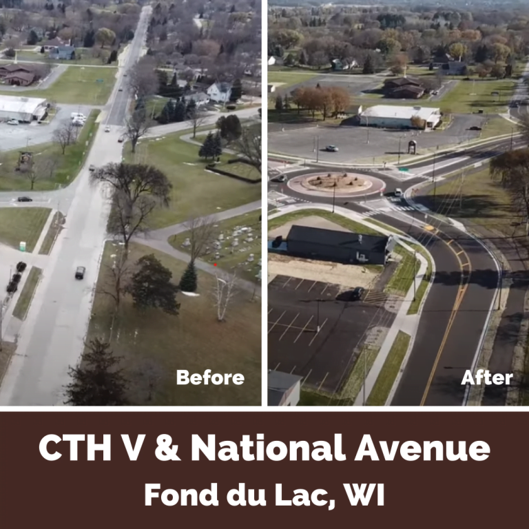 Aerial photos of before and after of the roundabout at CTH V and National Avenue in Fond du Lac, WI.