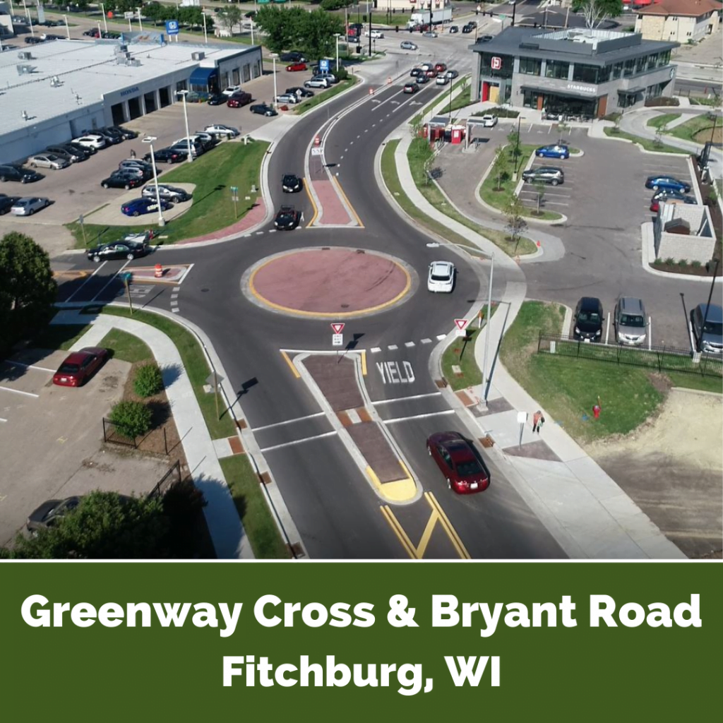 Aerial photo of roundabout at Greenway Cross and Bryant Road in Fitchburg, WI