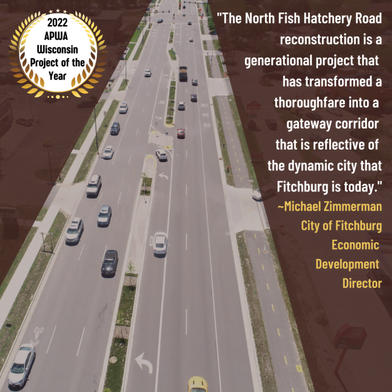 APWA Award and quote from Fitchburg official overlayed on an aerial photo of the new roadway