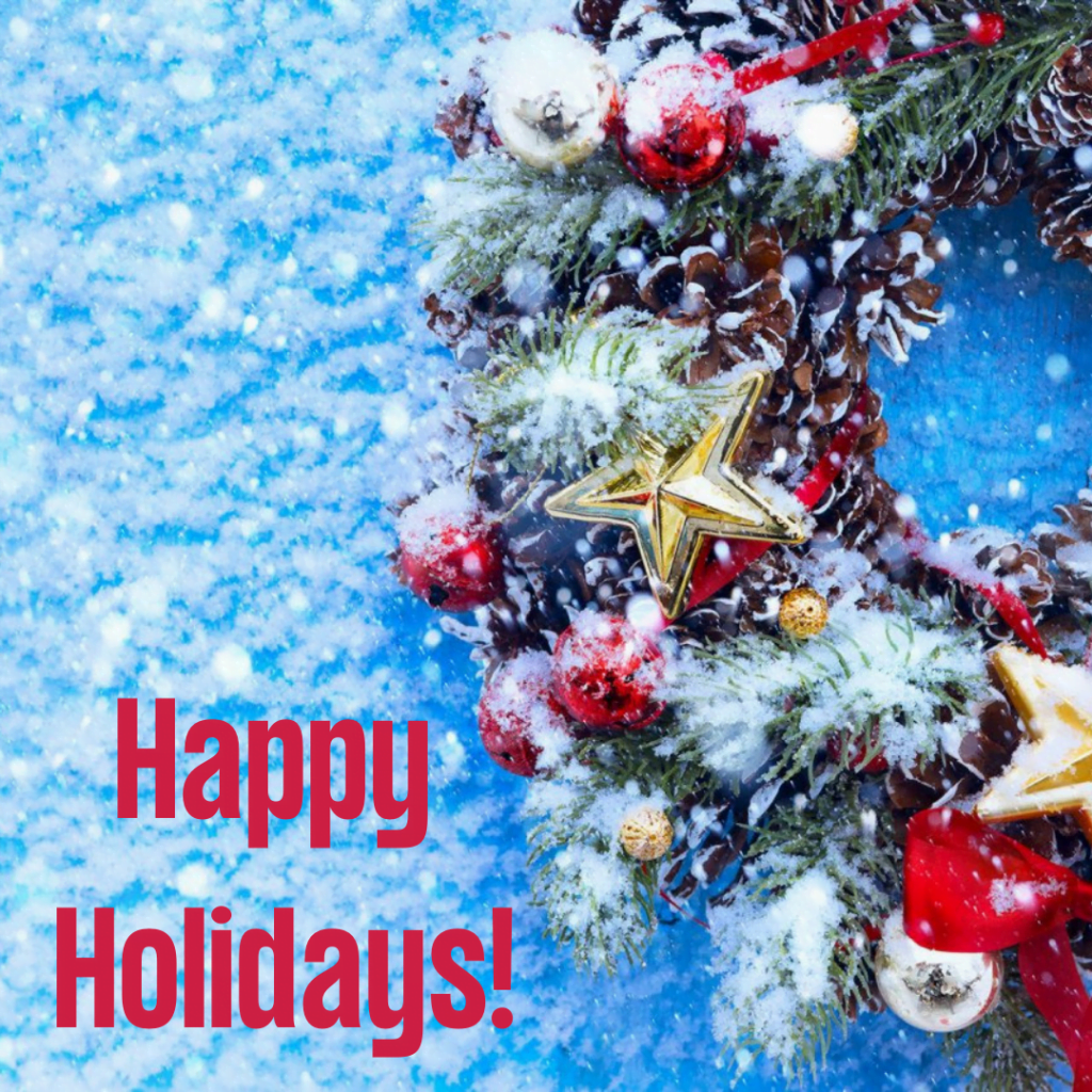 Snowy wreath with a Happy Holidays greeting|Cheers to the New Year greeting over fireworks