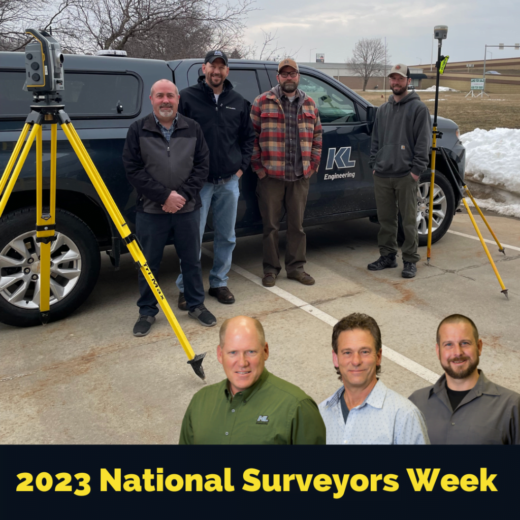 Photo of 4 staff by KL truck with survey equipment set up and photos of 3 additional staff overlayed with National Surveyors Week 2023 title.