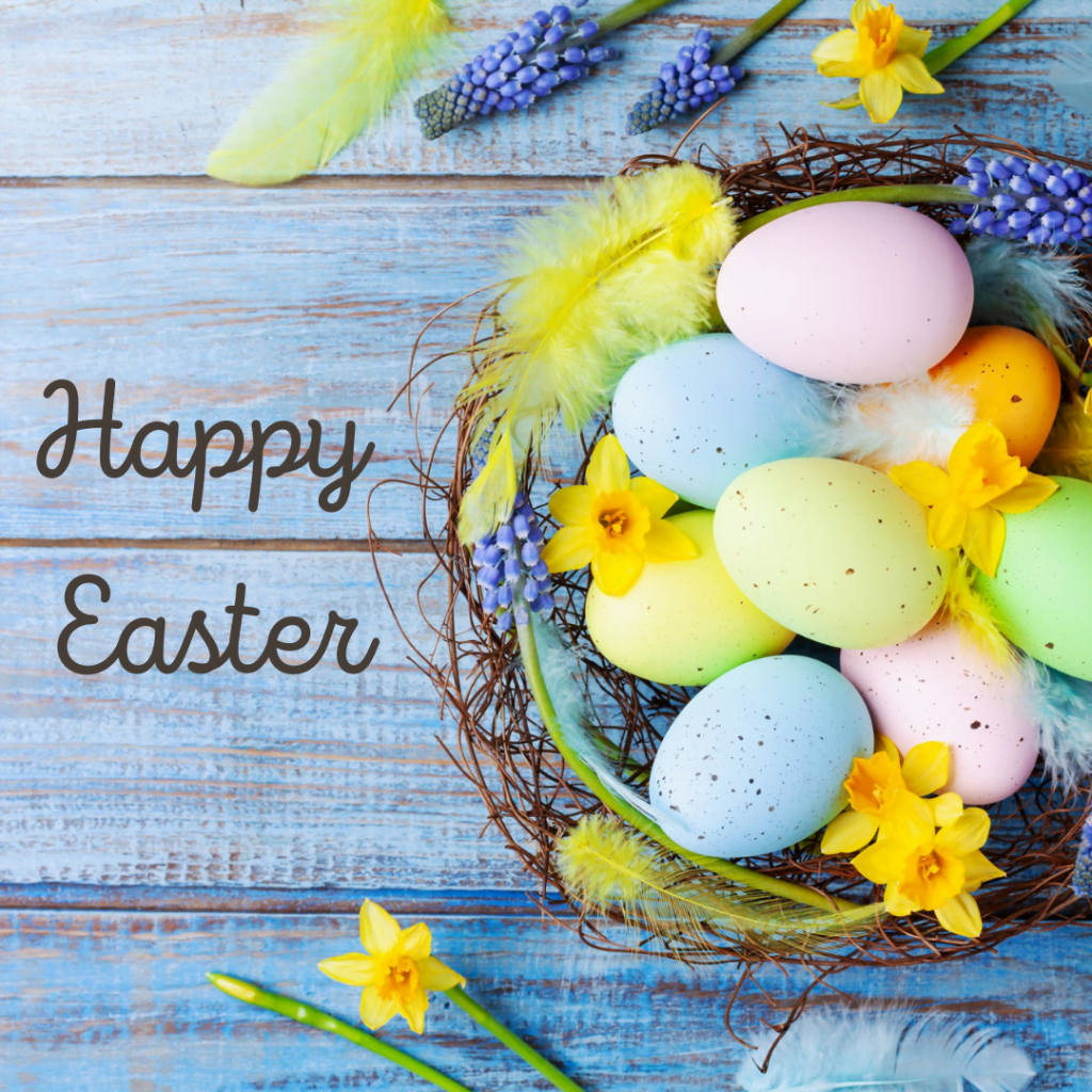 Image of nest with eggs and flowers with 'Happy Easter' sentiment.