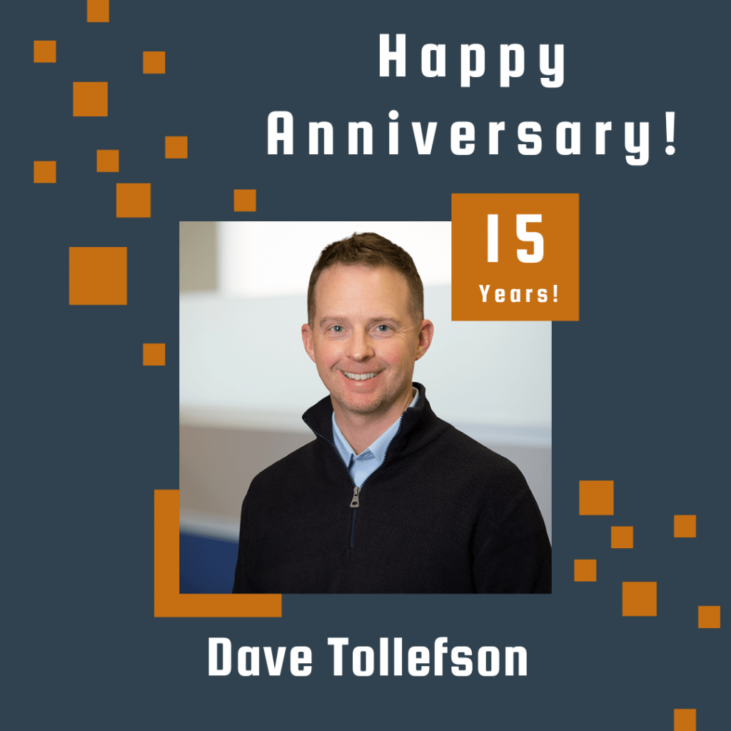 Photo of Dave Tollefson framed by a navy background with orange scattered boxes and Happy Anniversary text.