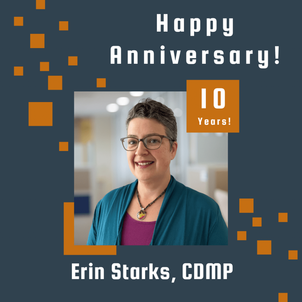 Photo of Erin Starks with Happy Anniversary text.