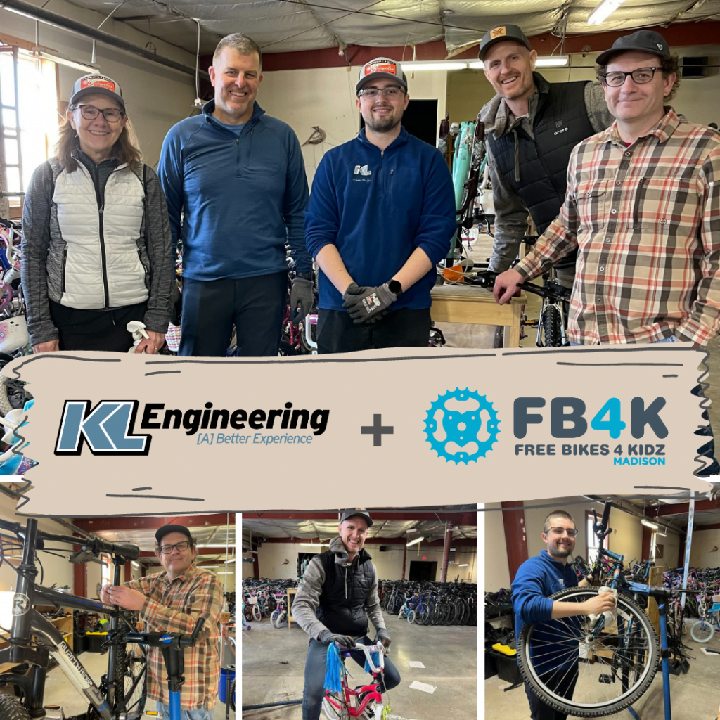Photos of our team working on bikes while volunteering. FB4K and KL logos on a banner overlaying the photos
