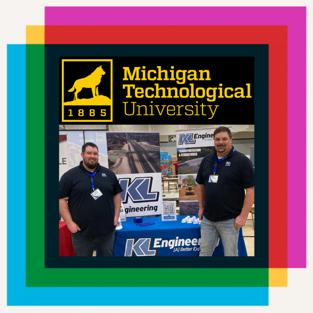 Colorful squares with MTU logo and a photo of Travis and Brett at our Career Fair booth.