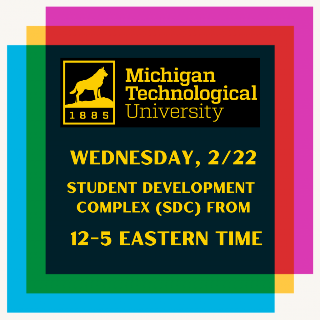 Colorful squares with MTU logo and details of where we'll be from post.