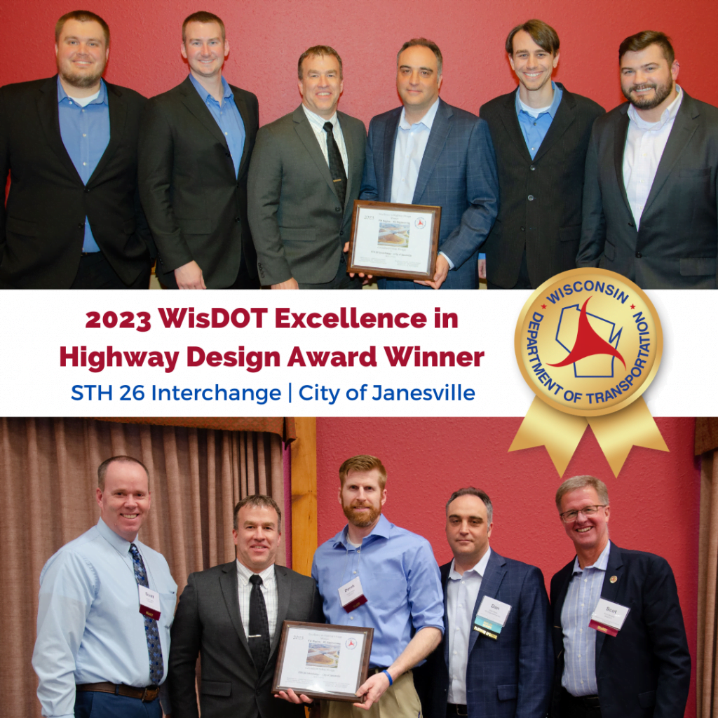Two group photos, showing the KL Design Team on top and the Project Team on bottom. Red background with white stripe in middle, showcasing the award title and project, as mentioned in the post, and a gold award ribbon with the WisDOT logo in the center.