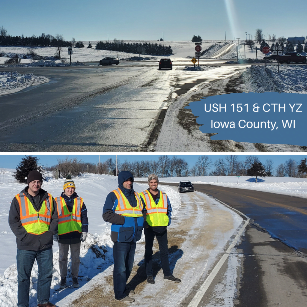 Photo of highway intersection in winter above and photo of staff posed onsite below.