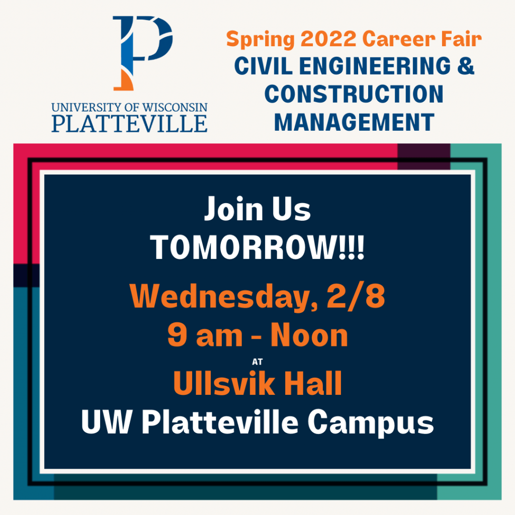Image of decorative box with career fair details shared in the post and UW-Platteville logo.