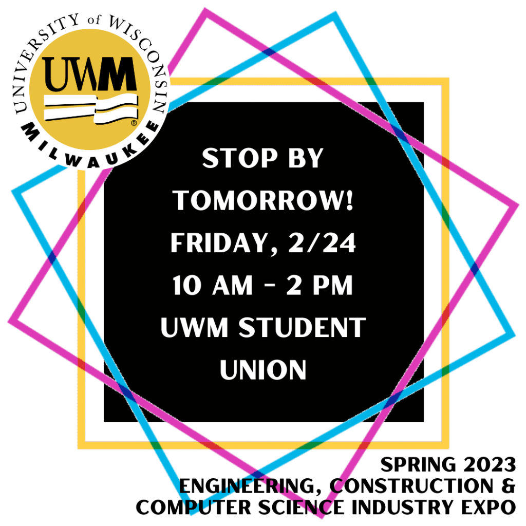 Colorful squares with UW-Milwaukee logo and details of where we'll be from post.