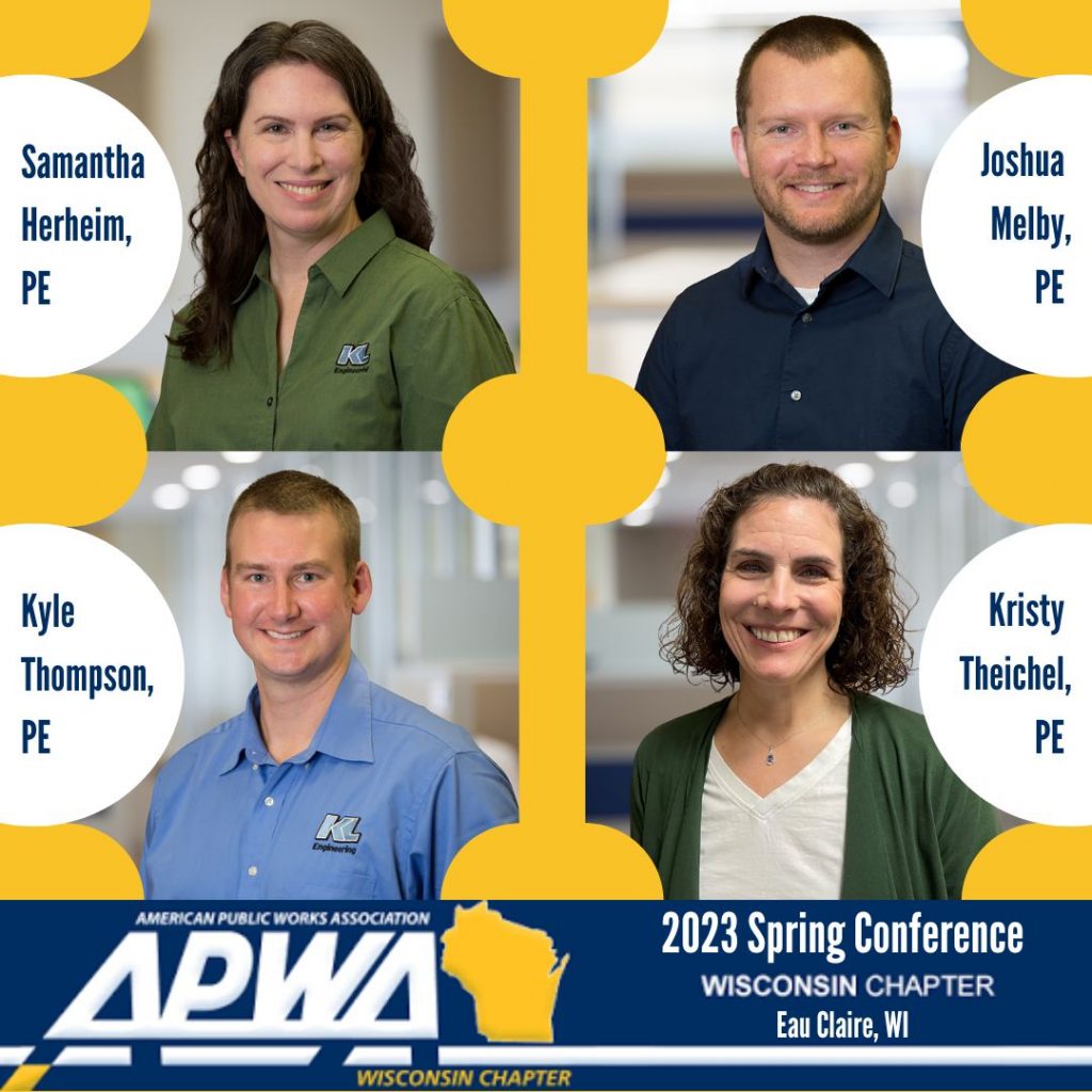 Graphic featuring photos of the 4 people mentioned in the post on a yellow background with circle design with white circles showing their names in blue, and the APWA logo across the bottom with conference name and location.