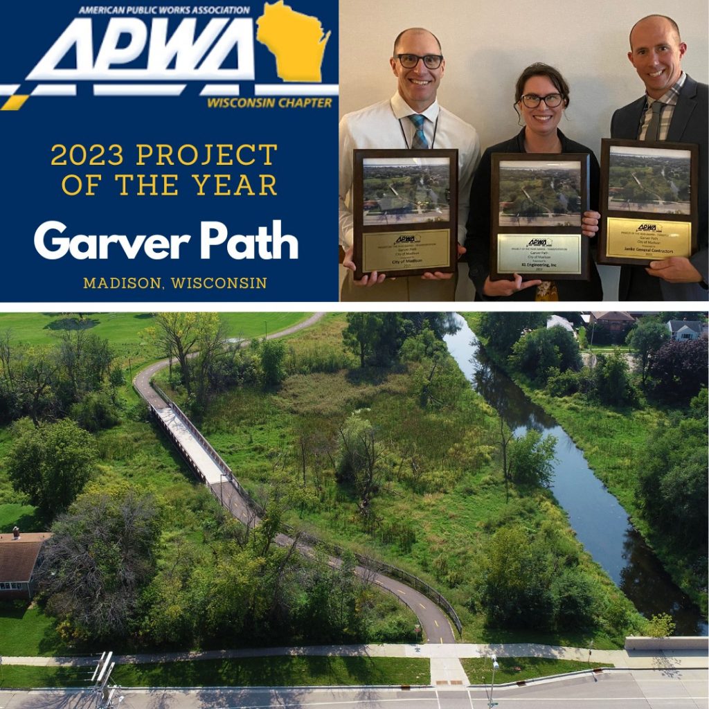 APWA-WI logo and award title alongside photo of the 3 people mentioned in the post and an aerial image of the Garver Path project.