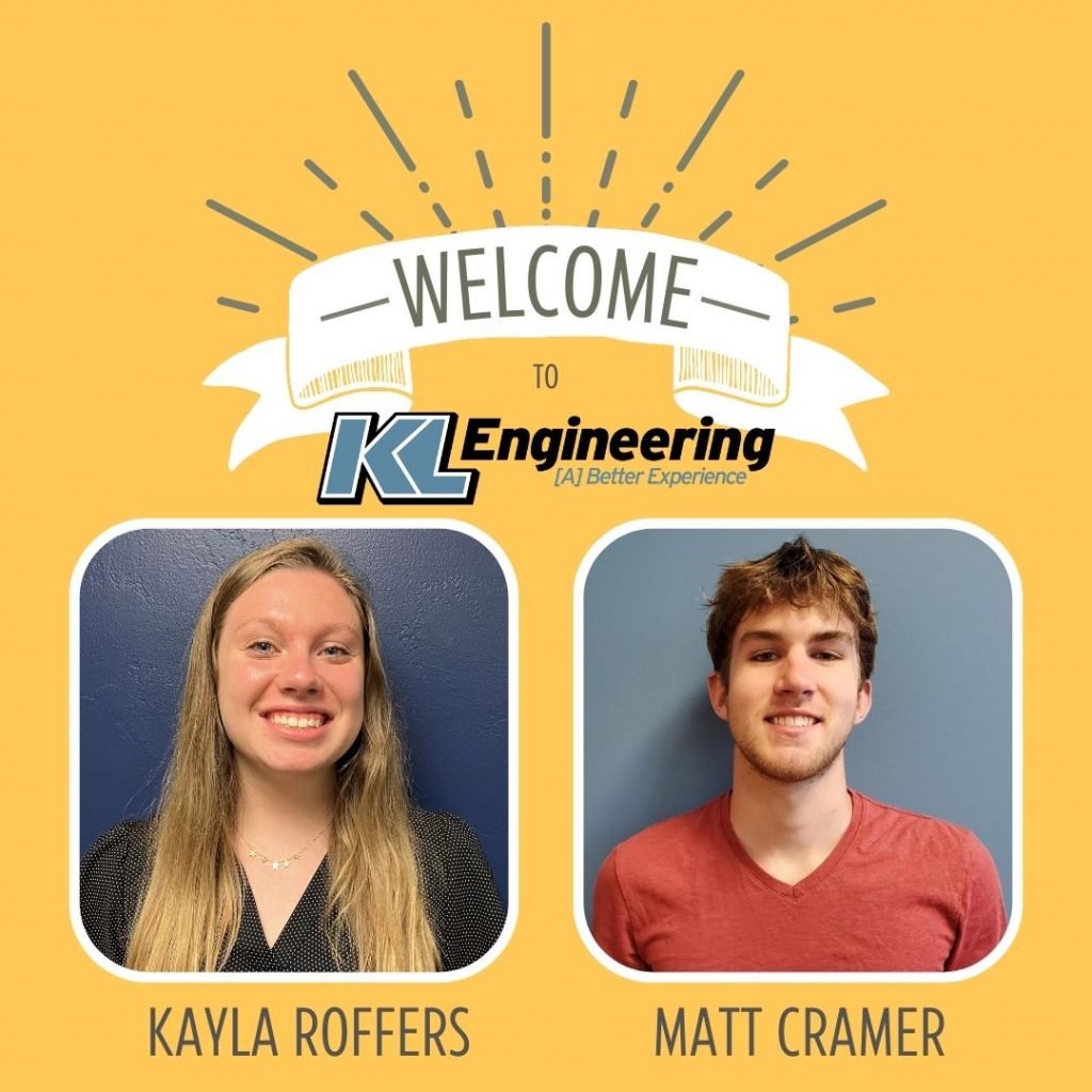 Bright yellow background with gray starburst and white 'Welcome' banner with KL logo and photos of Kayla Roffers and Matt Cramer, labeled with their names.