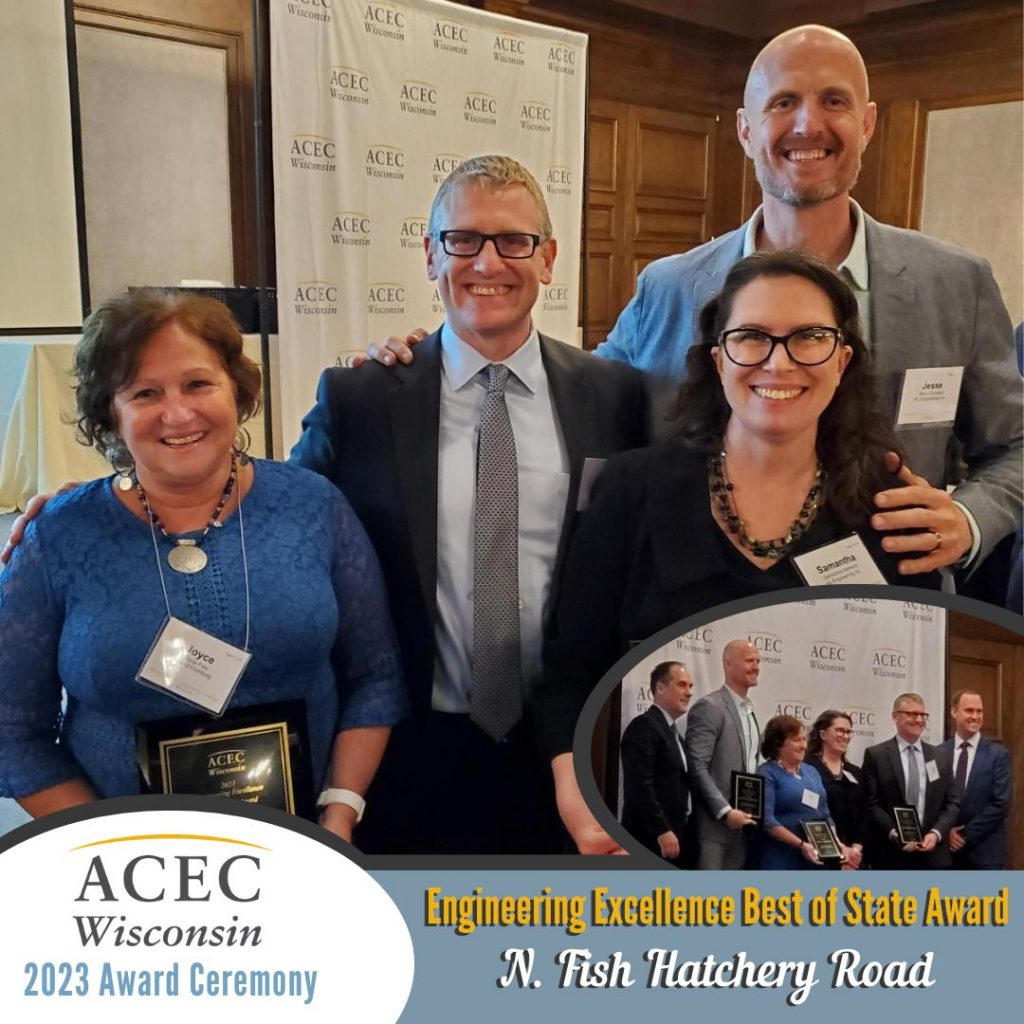 Large image of Joyce, Mike, Samantha, and Jesse posing with award plaques and smaller inset photo of them accepting the award.