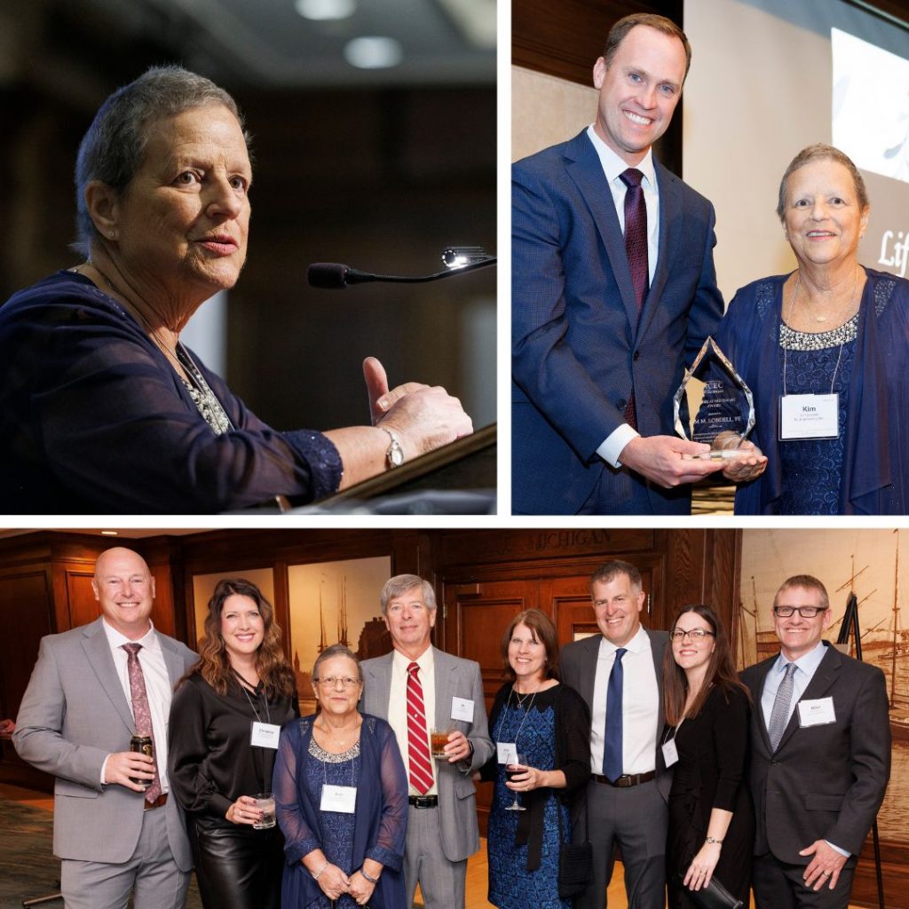Photo collage of Kim Lobdell speaking at podium, Kim Lobdell accepting an award, and group photo of KL Engineering attendees and their spouses.