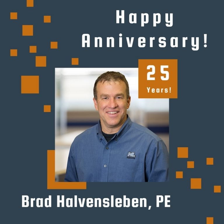 Photo of Brad Halvensleben framed by a navy background with orange scattered boxes and Happy Anniversary text.