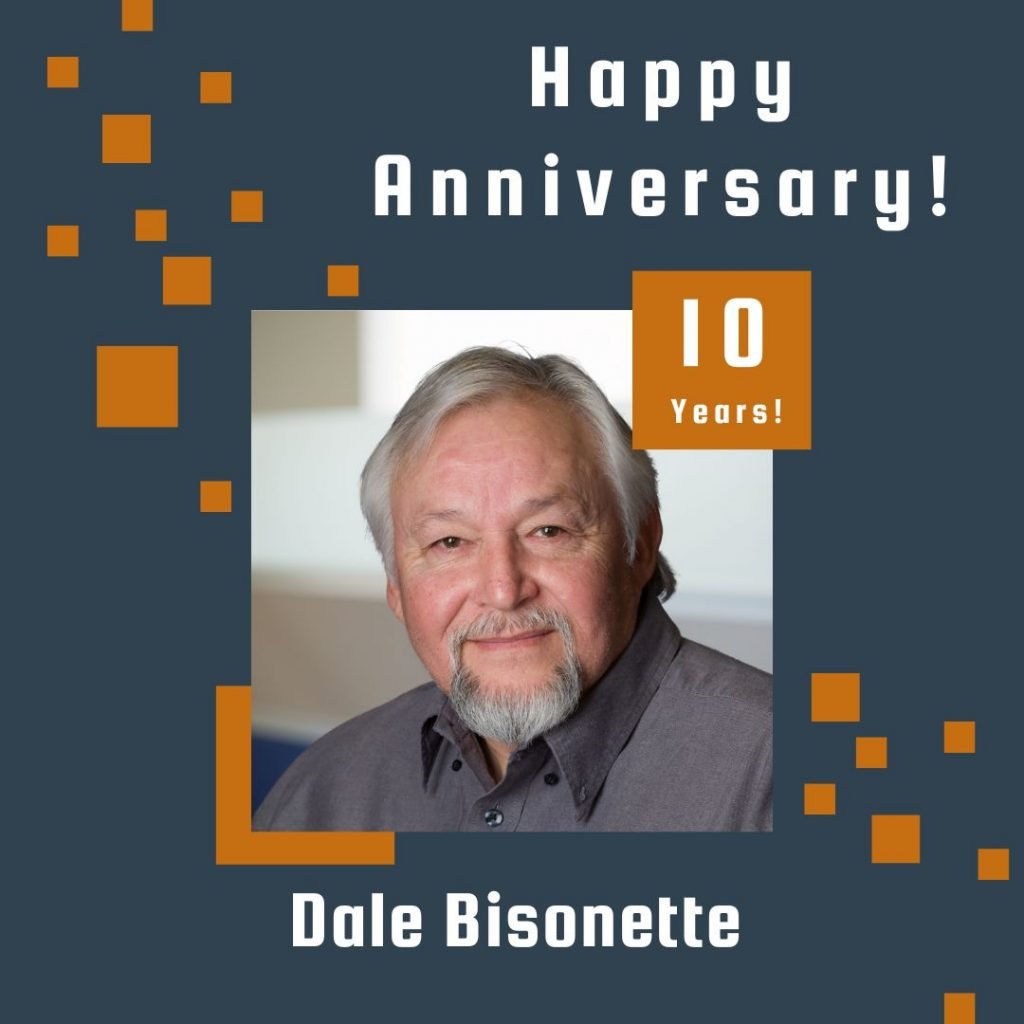 Photo of Dale Bisonette framed by a navy background with orange scattered boxes and Happy Anniversary text.