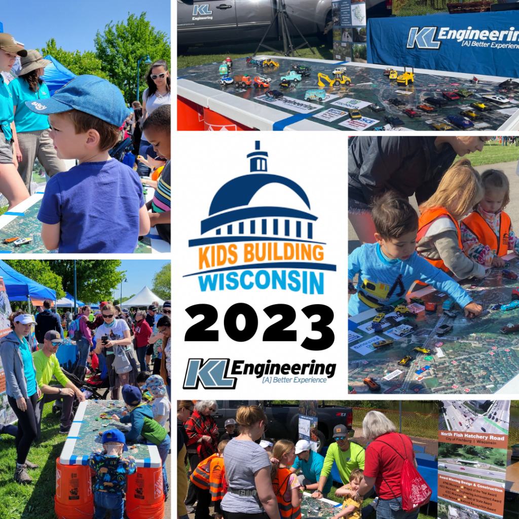 Photo collage from the 2023 Kids Building Wisconsin event showing KL's booth and all the little kids crowded around a short table with an aerial photo taped to it and tons of little cars to drive around.