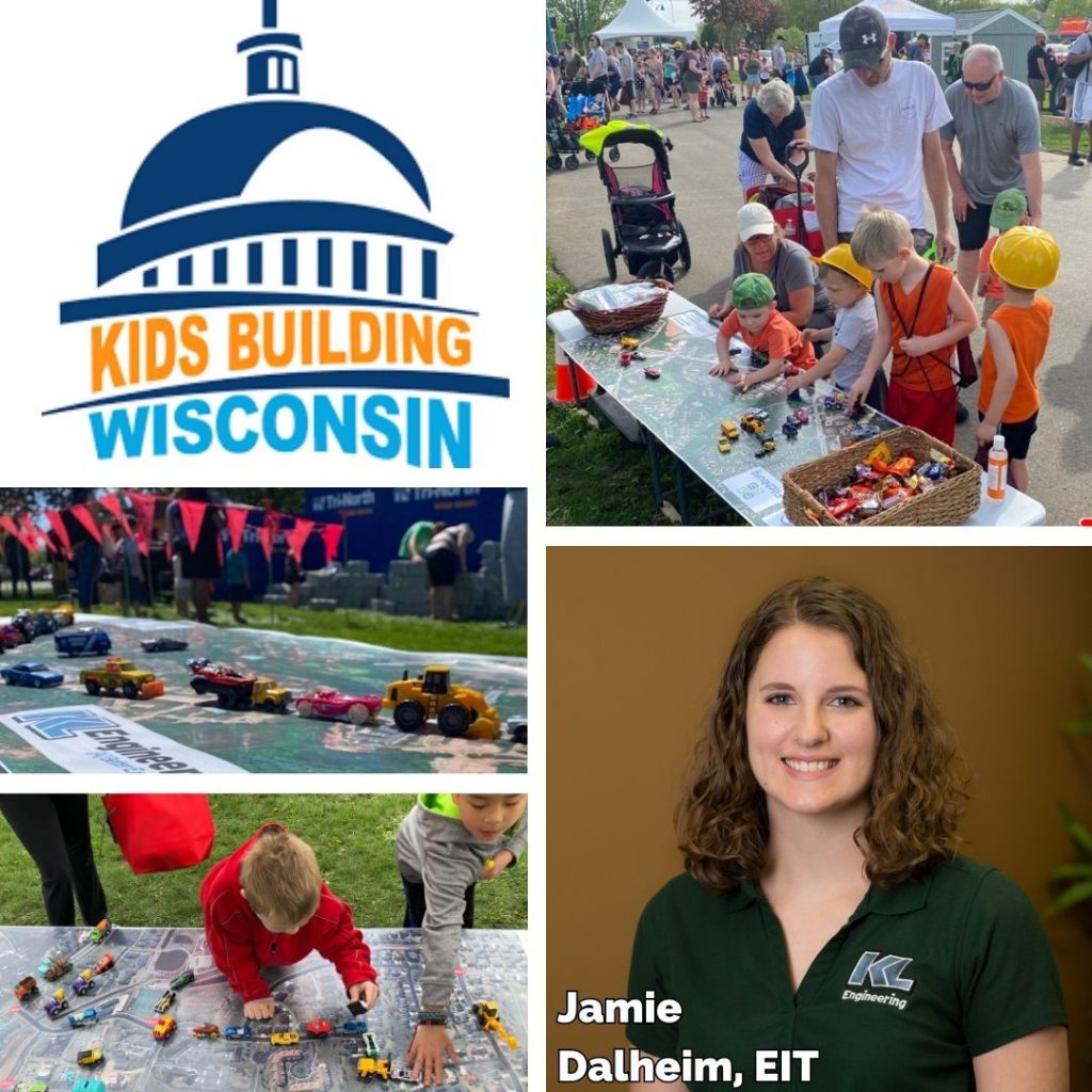 Photo collage of pictures from previous Kids Building Wisconsin events, and headshot of Jamie Dalheim, along with the event logo.