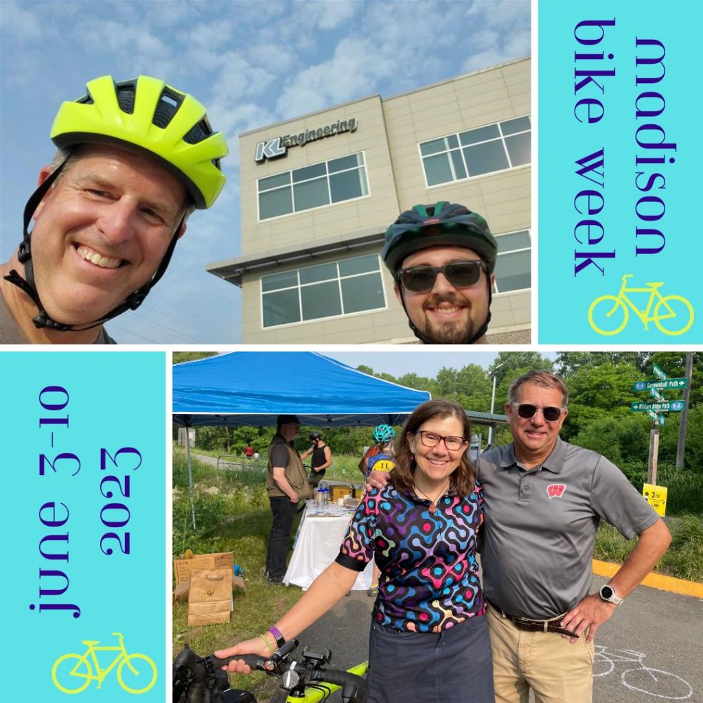 Photos of Scott Cramer and Nathan Rullman in front of the KL office and of Karen Richardson and Bill Biesmann at the Velo UnderRound commuter station with ‘Madison Bike Week – June 3-10, 2023’ text and 2 small yellow bicycle graphics on teal boxes.