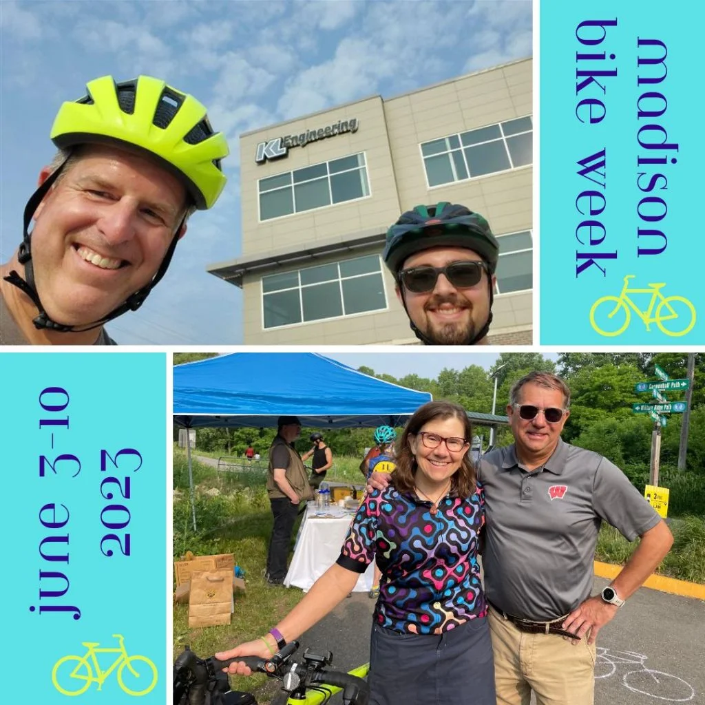 Photos of Scott Cramer and Nathan Rullman in front of the KL office and of Karen Richardson and Bill Biesmann at the Velo UnderRound commuter station with ‘Madison Bike Week – June 3-10, 2023’ text and 2 small yellow bicycle graphics on teal boxes.