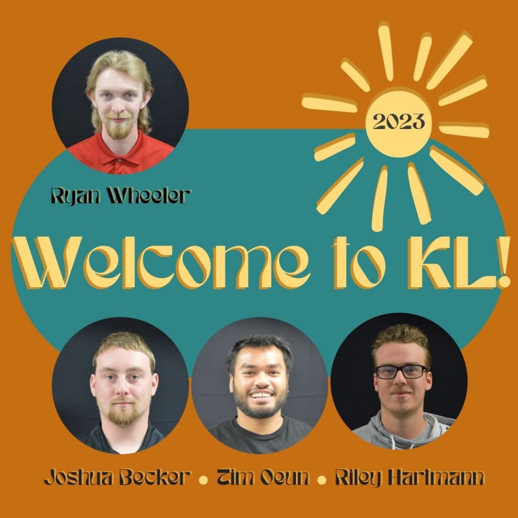 Burnt orange background with teal oval design and bright yellow sun labeled “2023”. “Welcome to KL!” text with photos of the 4 interns mentioned in the post and their names beneath.