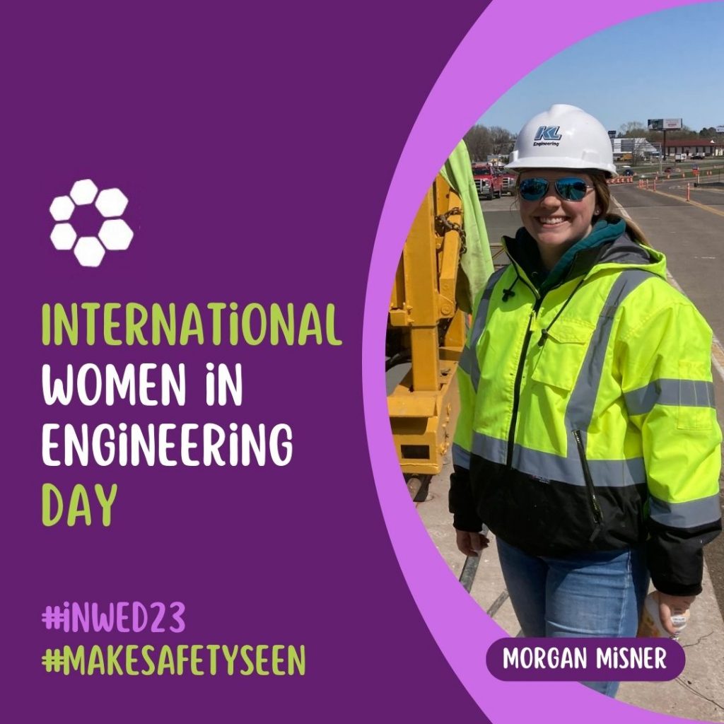 Purple background with 'International Women in Engineering Day' text, hashtags used in post, and labeled photo of Morgan Misner wearing a hard hat and safety jacket out on the construction site.