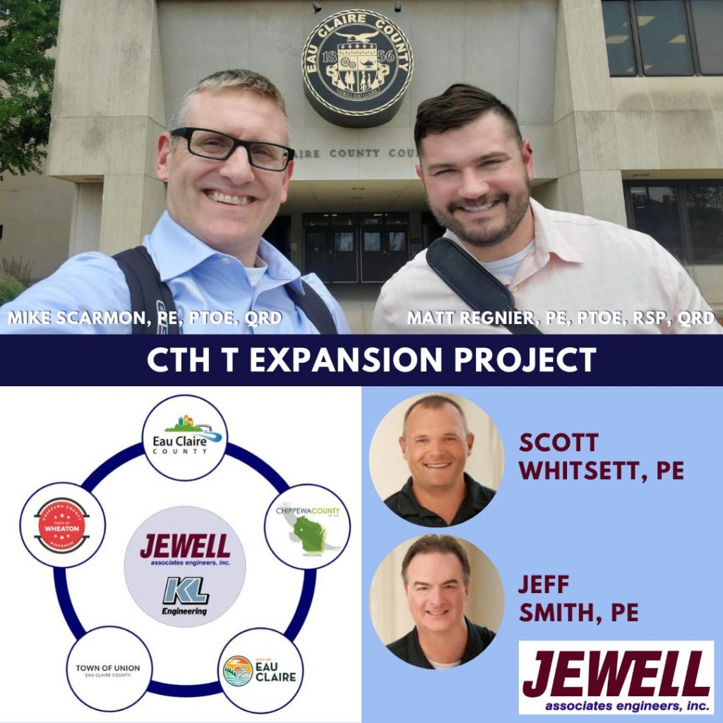 Photo collage of KL’s Mike Scarmon and Matt Regnier, heading in for the interview at the Eau Claire County Courthouse, and at bottom Jewell’s Jeff Smith and Scott Whitsett. Logos for Jewell, KL, and our teaming partners mentioned in the post, along with ‘CTH T Expansion Project’ title on a blue background.
