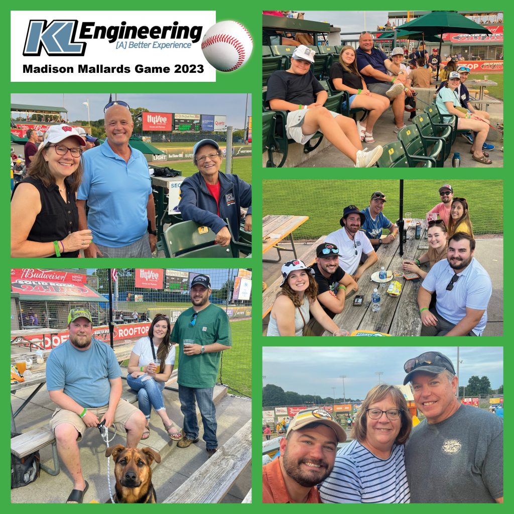 KL Engineering team members and their families enjoyed a Madison Mallards baseball game at the Duck Pond. Image shows smiling groups of adults and children as spectators for the baseball game.