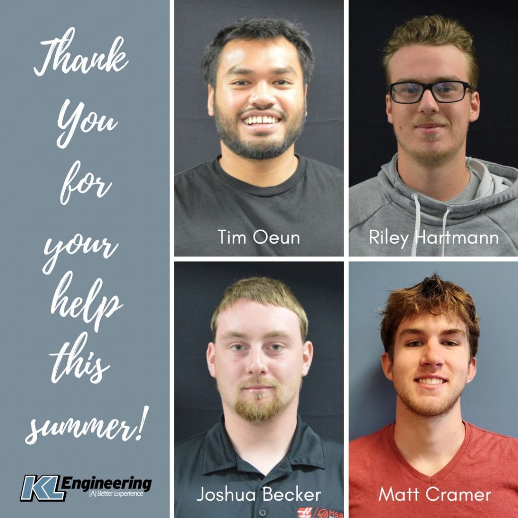Photos of the four gentlemen mentioned in the post on a gray background with ‘Thank you for your help this summer!’ text and KL Engineering logo.