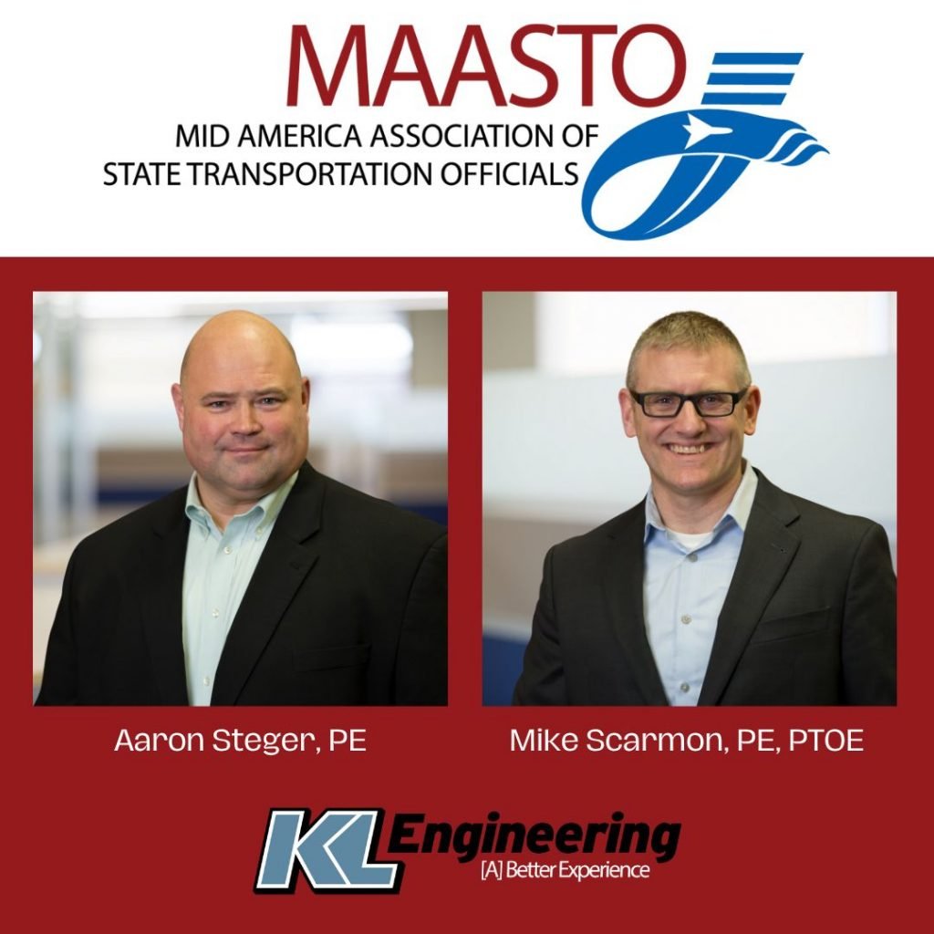 Headshots of Aaron Steger and Mike Scarmon on red background with MAASTO and KL Engineering logos.