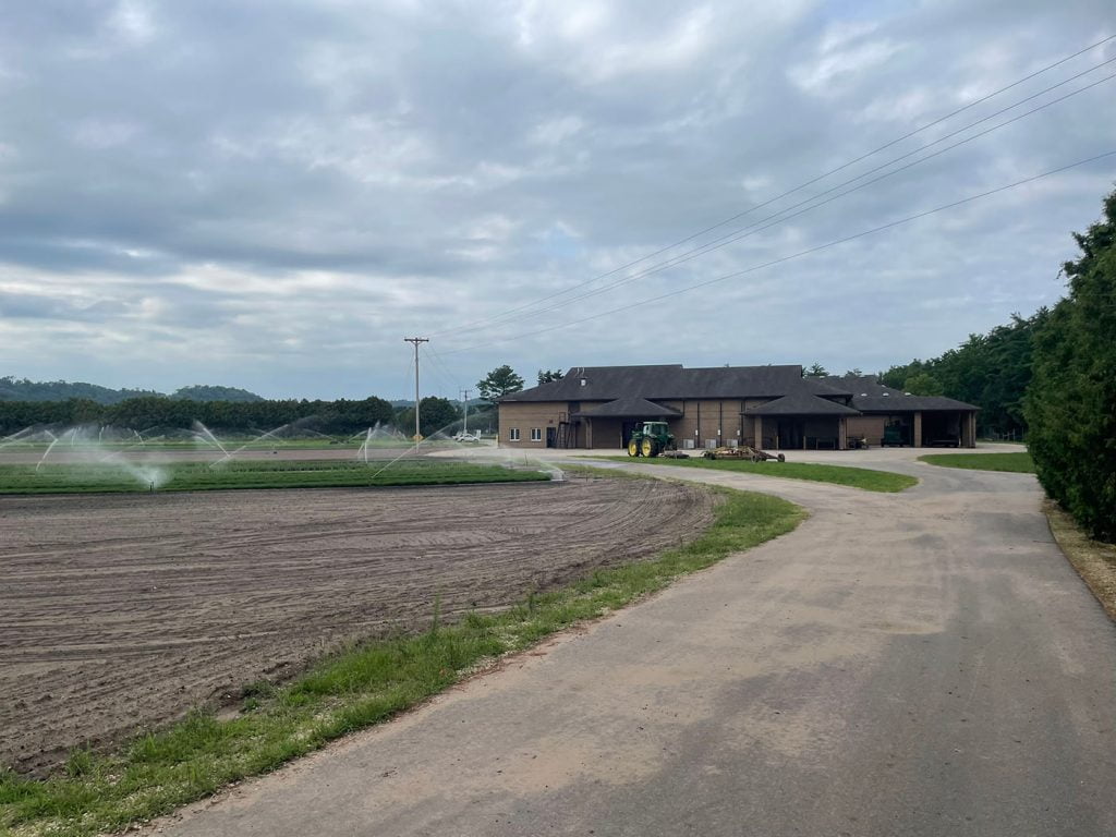 Wilson Nursery with improved roadway showing building and field of plants with sprinkler system going.