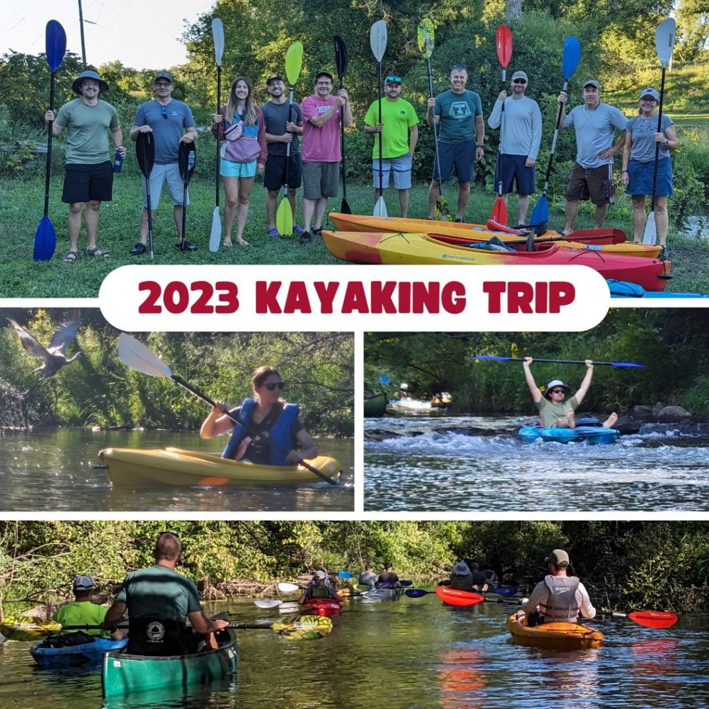 Photo collage of a dozen kayakers holding their paddles upright on land, in the water, and scenes from the trip.