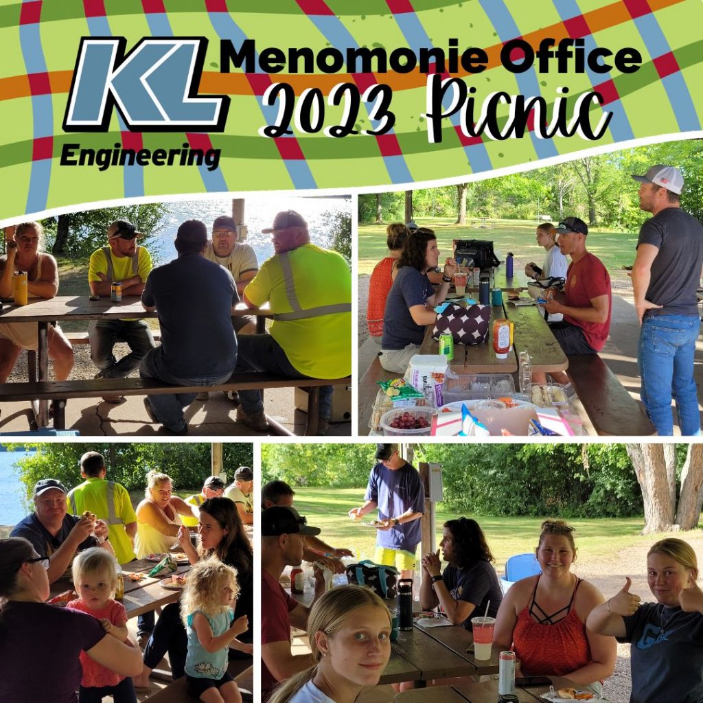 Photos from the Menomonie office picnic of people eating food, enjoying conversation, and playing in the water.