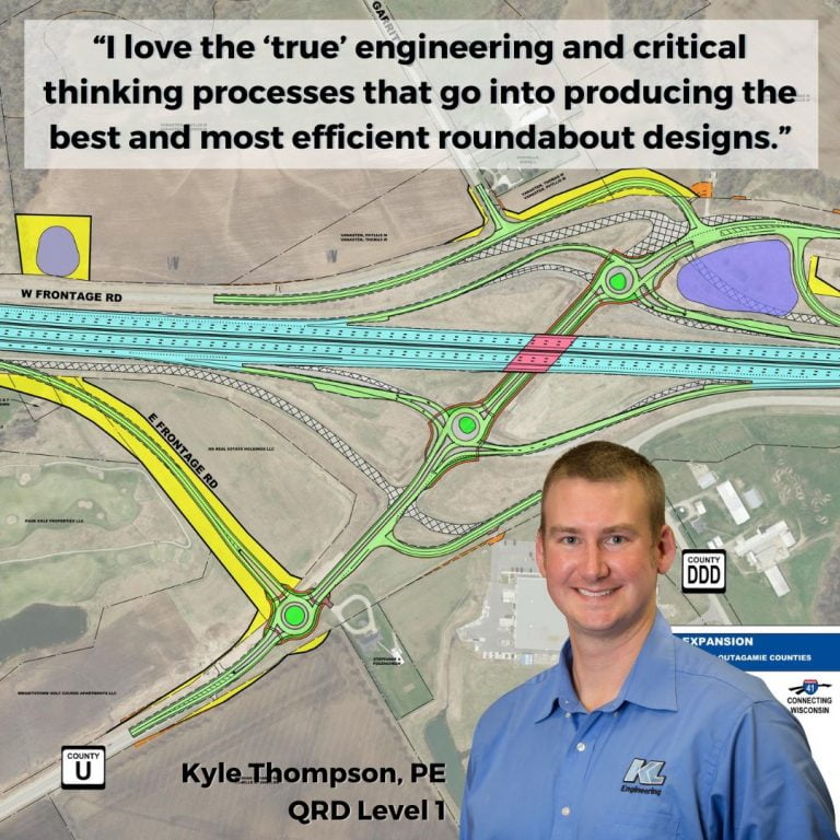 Drawing of the roundabout project mentioned in the post with headshot to Kyle Thompson overlaid and this part of his quote: "I love the ‘true’ engineering and critical thinking processes that go into producing the best and most efficient roundabout designs."