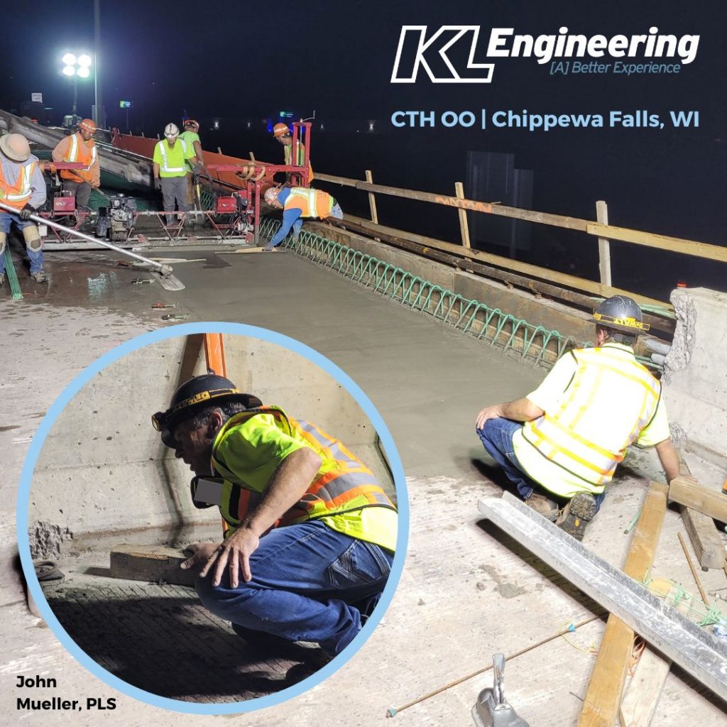 Photo of bridge deck repair work under at pitch black sky with bright construction lights and an inset photo of John Mueller crouching down to closely inspect the work being done. KL logo and CTH OO | Chippewa Falls, WI label.