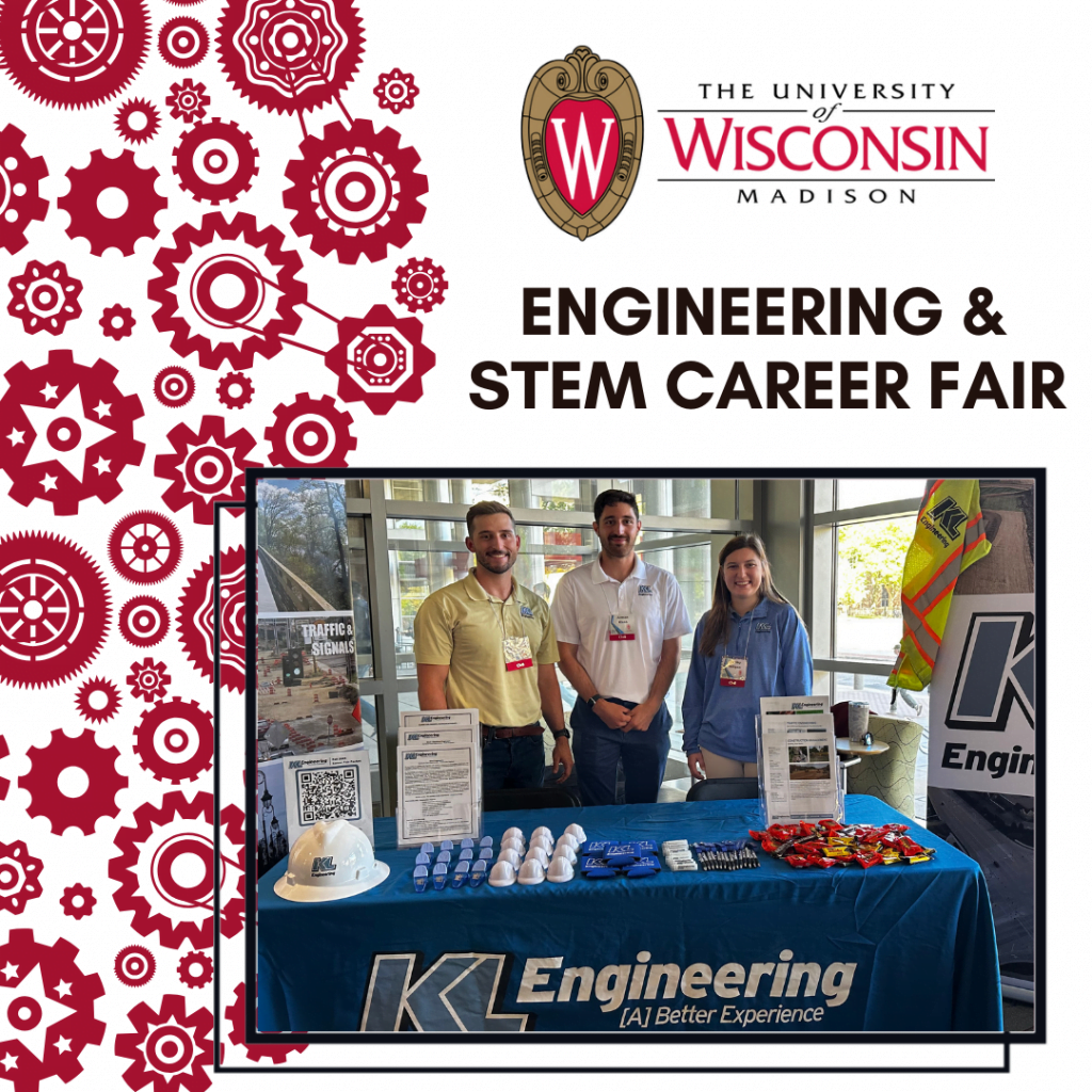 Red gears in background with UW-Madison logo and photo of Jack, Arman, and Shelby at the KL Engineering booth.