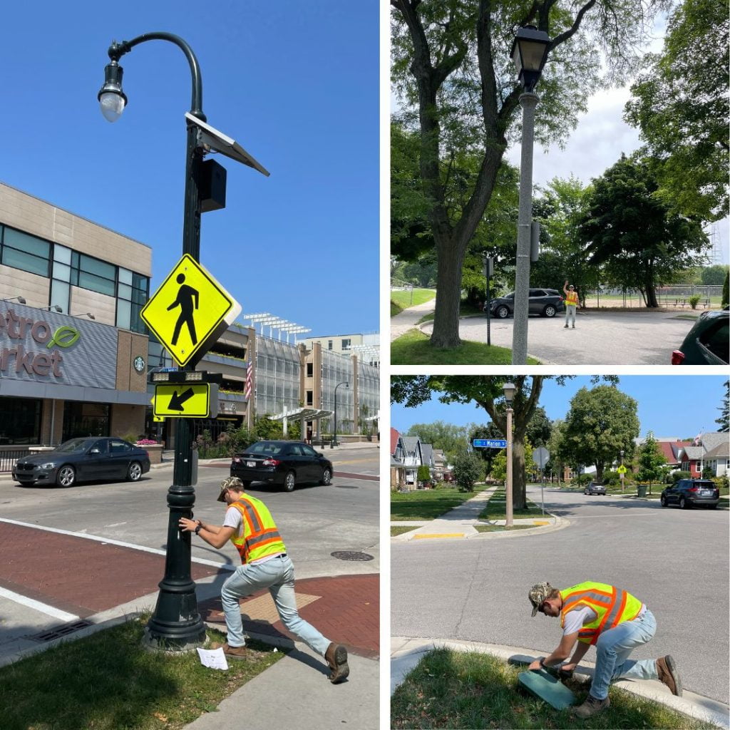 Three images of Reid inspecting details of a light pole near a pedestrian crossing, a utility box on a corner, and waving from a parking lot.