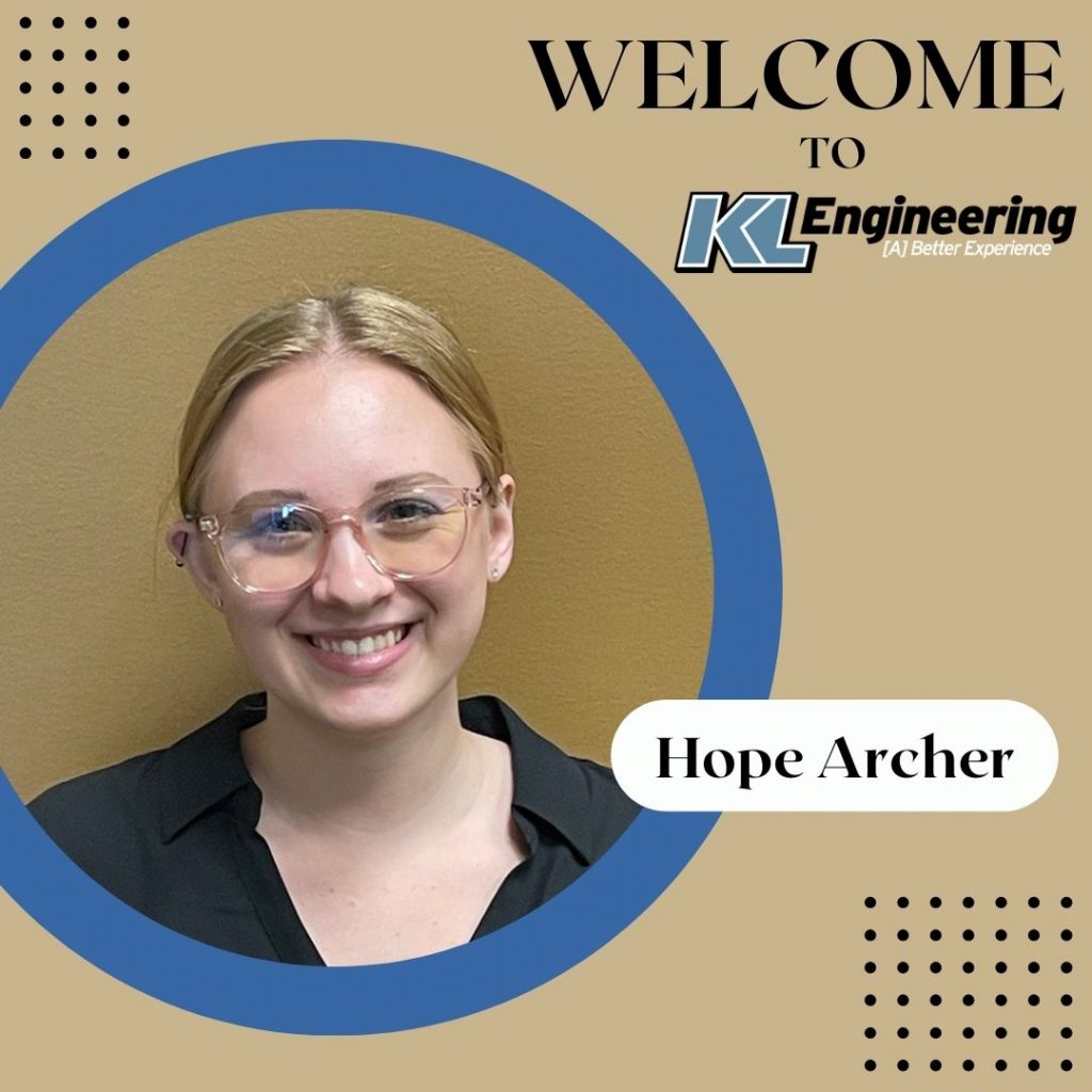 Photo of Hope Archer in a circle frame with ‘Welcome to KL Engineering’ and her name on a decorative background in browns and blues.