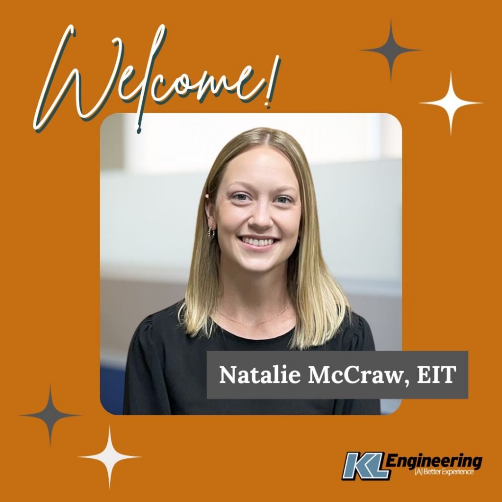 Photo of Natalie with KL logo, Welcome text, and star design on orange background.