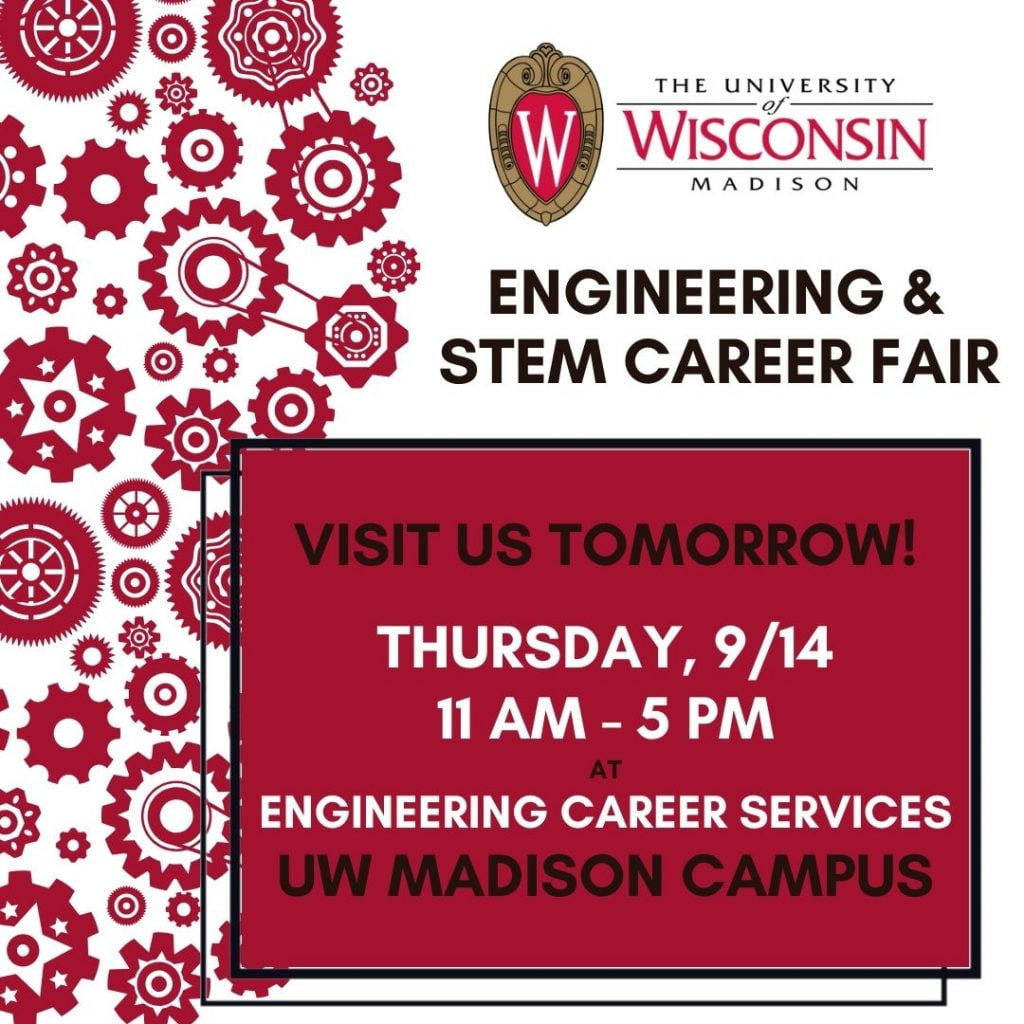Red gears in background with UW-Madison logo and details shared in the post about the Career Fair time and location.