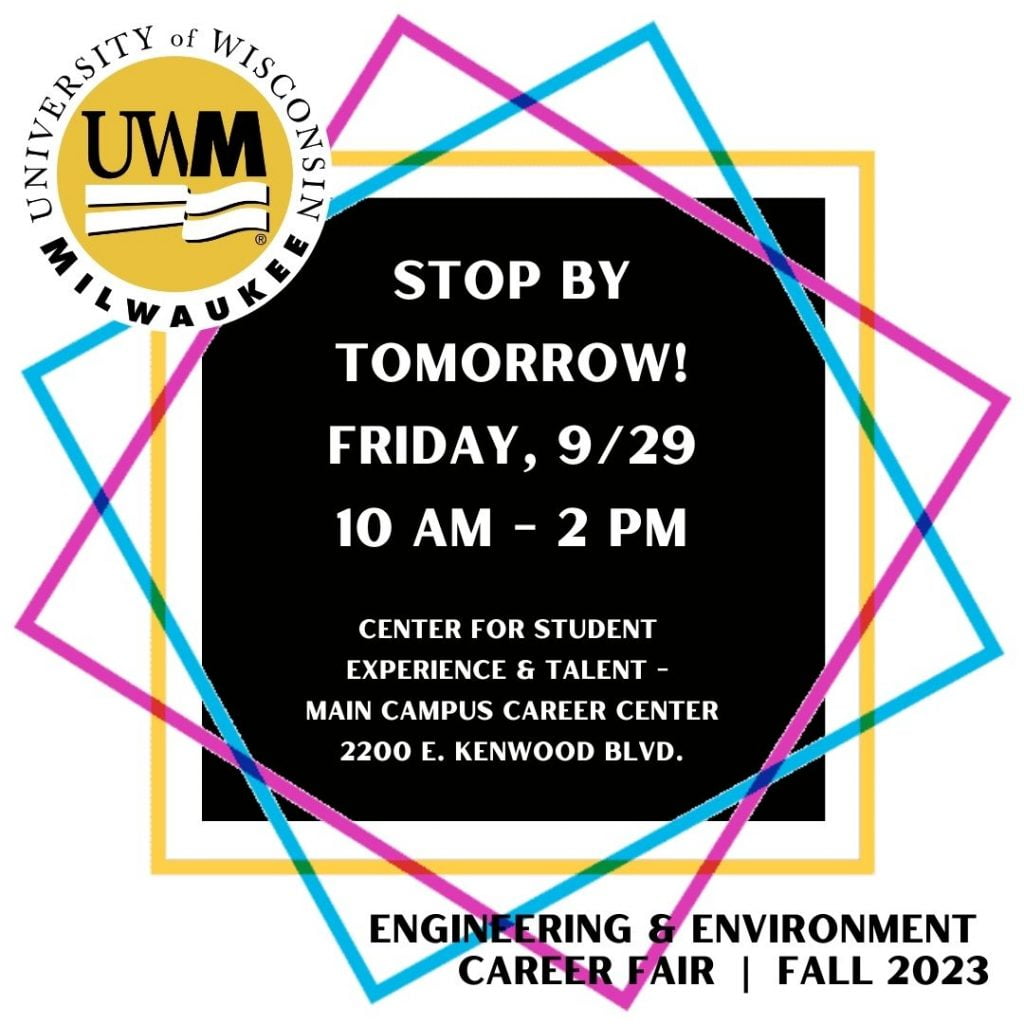 UW-Milwaukee logo and details for the Career Fair, shared in post, with moving frame of colors.