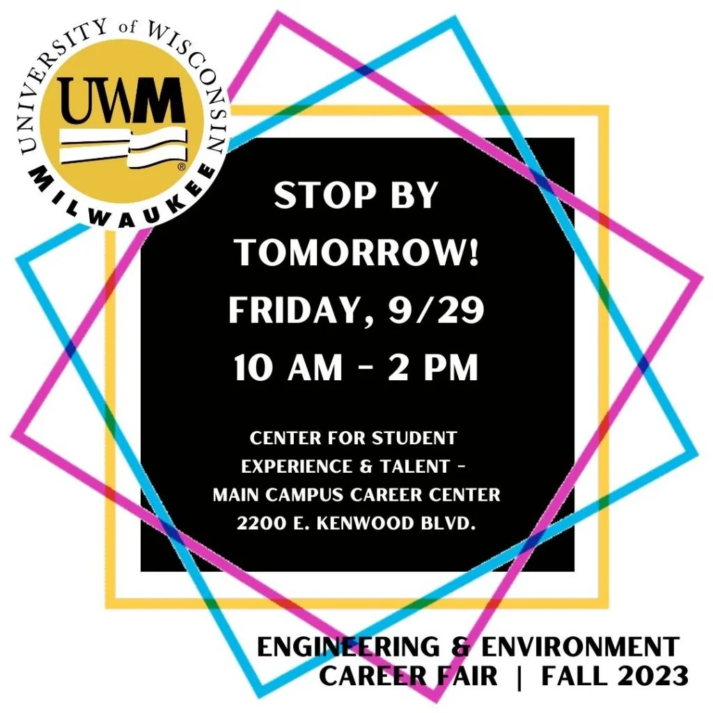UW-Milwaukee logo and details for the Career Fair, shared in post, with moving frame of colors.