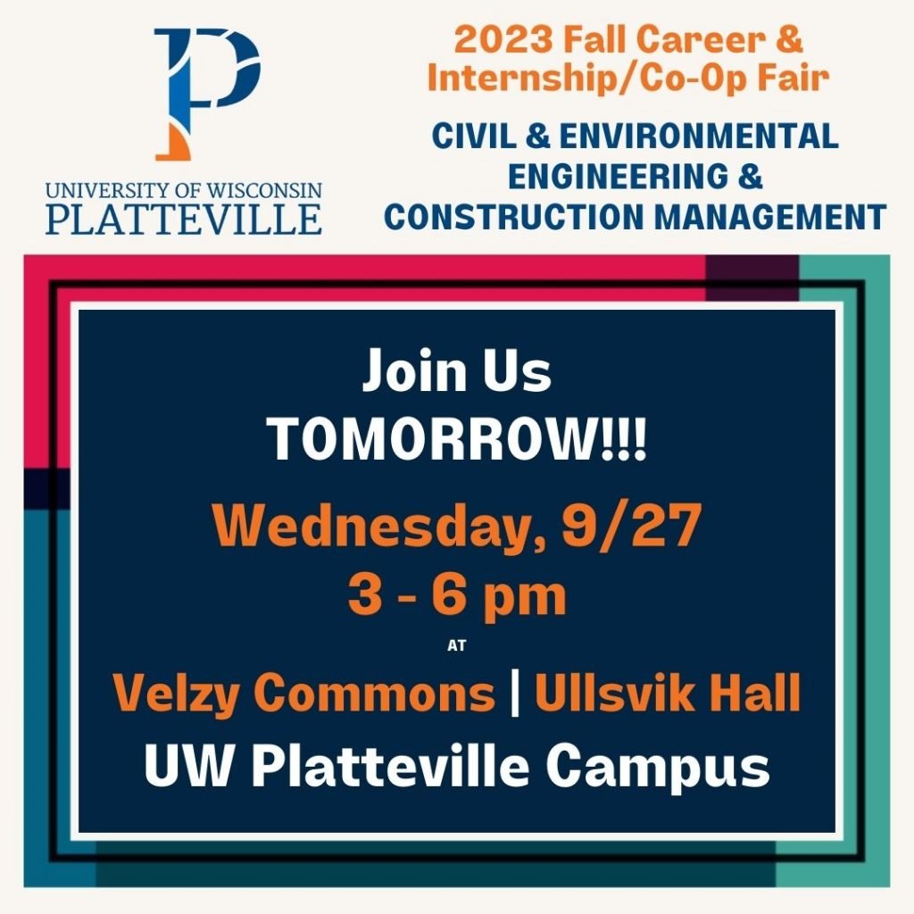 UW-Platteville logo and details for the Career Fair, shared in post, with moving frame of colors.