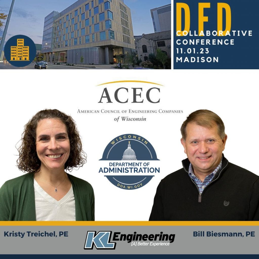 Graphic with Kristy and Bill’s headshots, ACEC, Department of Administration, and KL Engineering logos, and header with conference details on a white background.