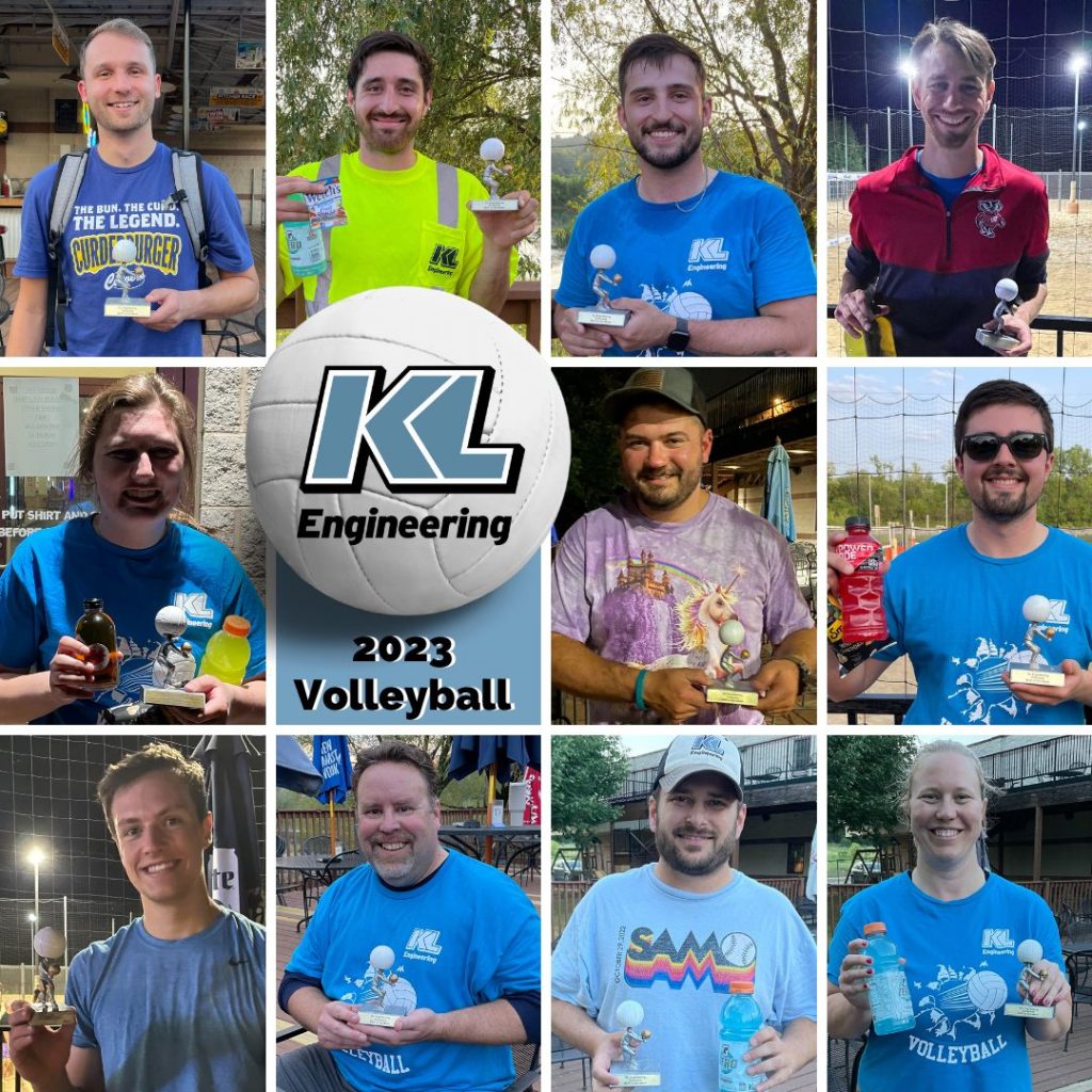Photos of 11 KL staff holding trophies and snacks with a volleyball graphic, KL logo in the center, and 2023 Volleyball written below.