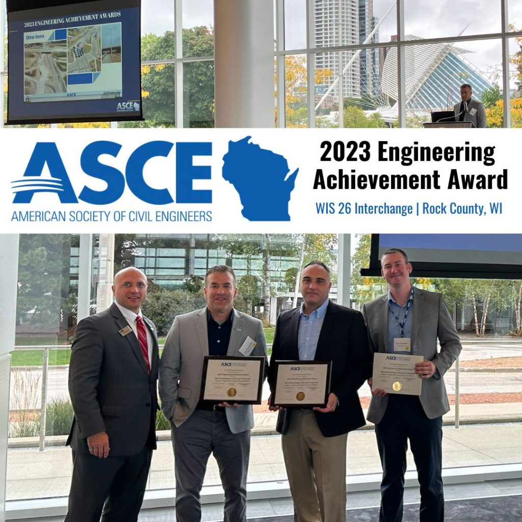 Photo of Brad Halvensleben presenting at the meeting (above) and a photo of our 3 KL staff with award plaques with ASCE president (below).