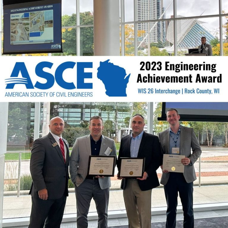 Photo of Brad Halvensleben presenting at the meeting (above) and a photo of our 3 KL staff with award plaques with ASCE president (below).